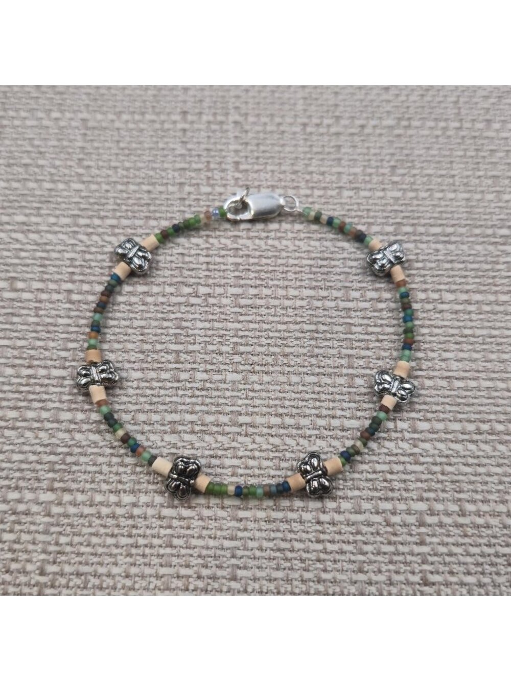 8 Inch Sterling Silver Butterfly Charm Seed Bead Bracelet A7475